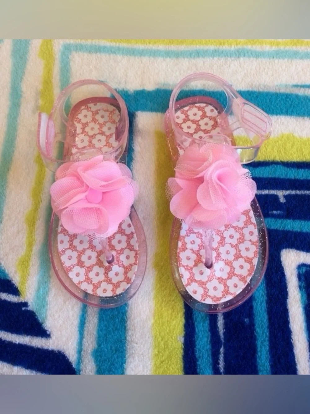 Girls Pink Glitter Jelly Sandals Flower Velcro Flip Flops Size 10